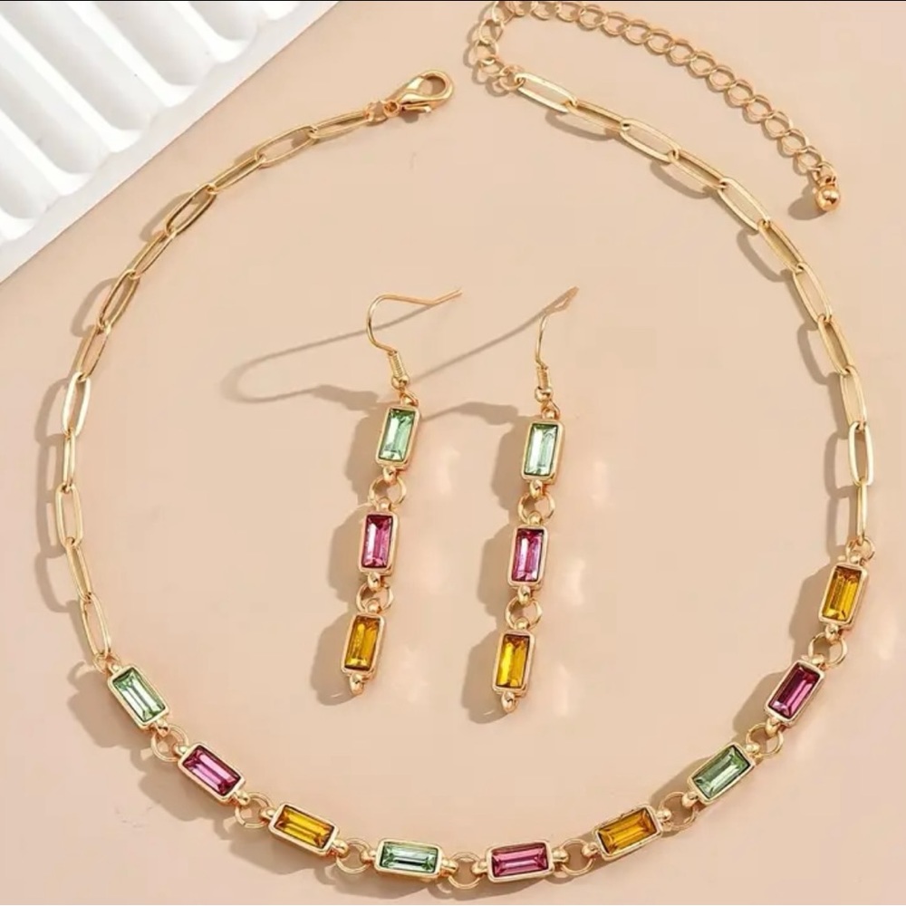 Gold Chain and Multi Colored Gemstones Necklace and Earrings (2) Piece Set
